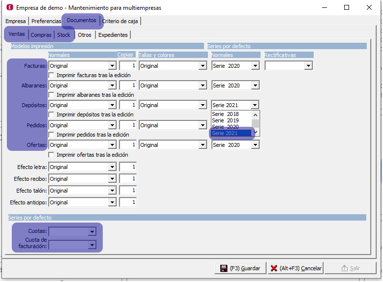 seleccionar serie defecto a3erp multiempresa