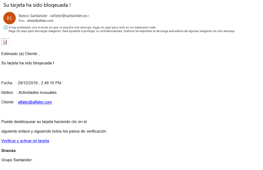 phishing tarjeta bloqueada